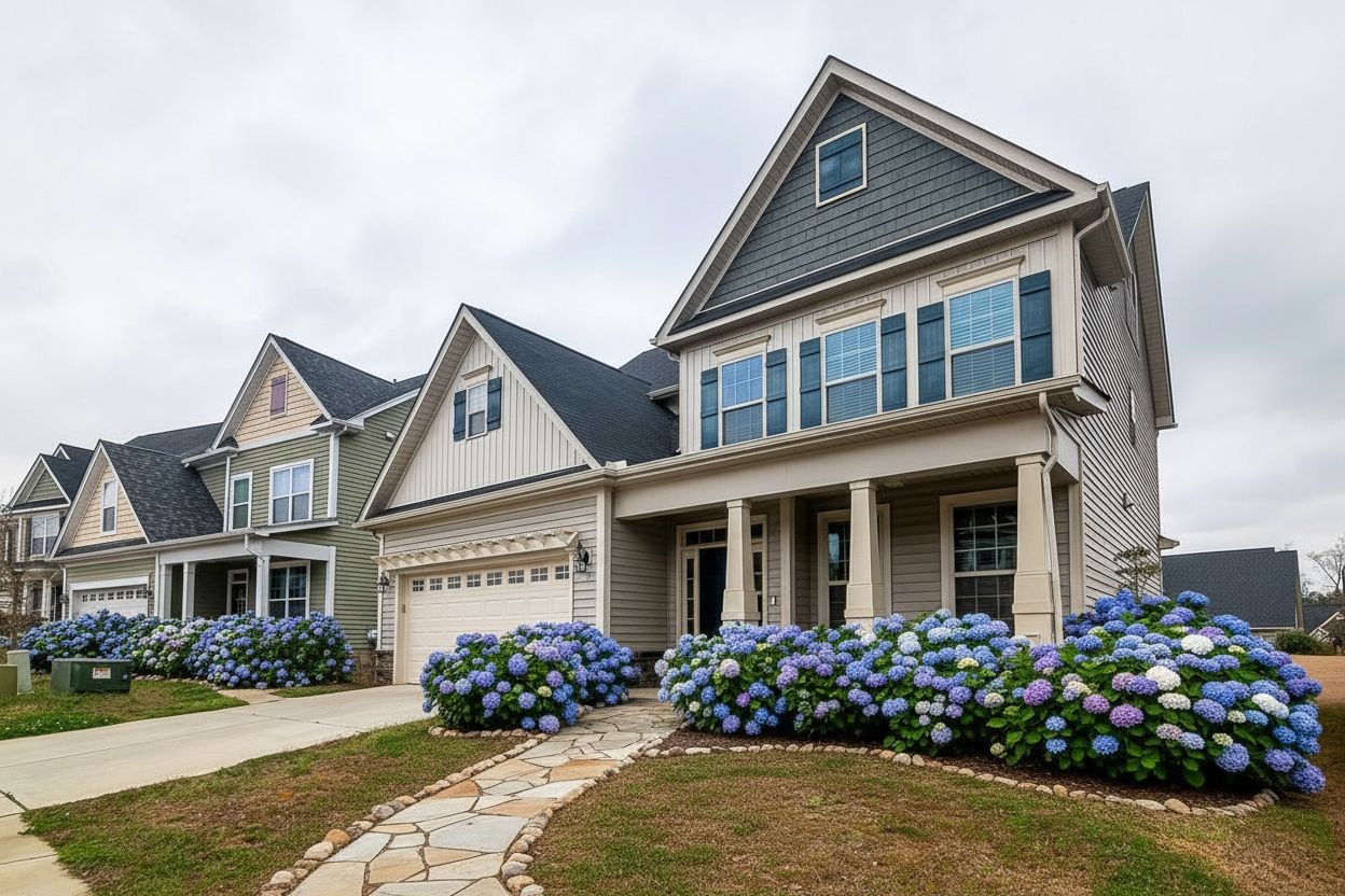 Stone walkway hydrangea front landscaping AI