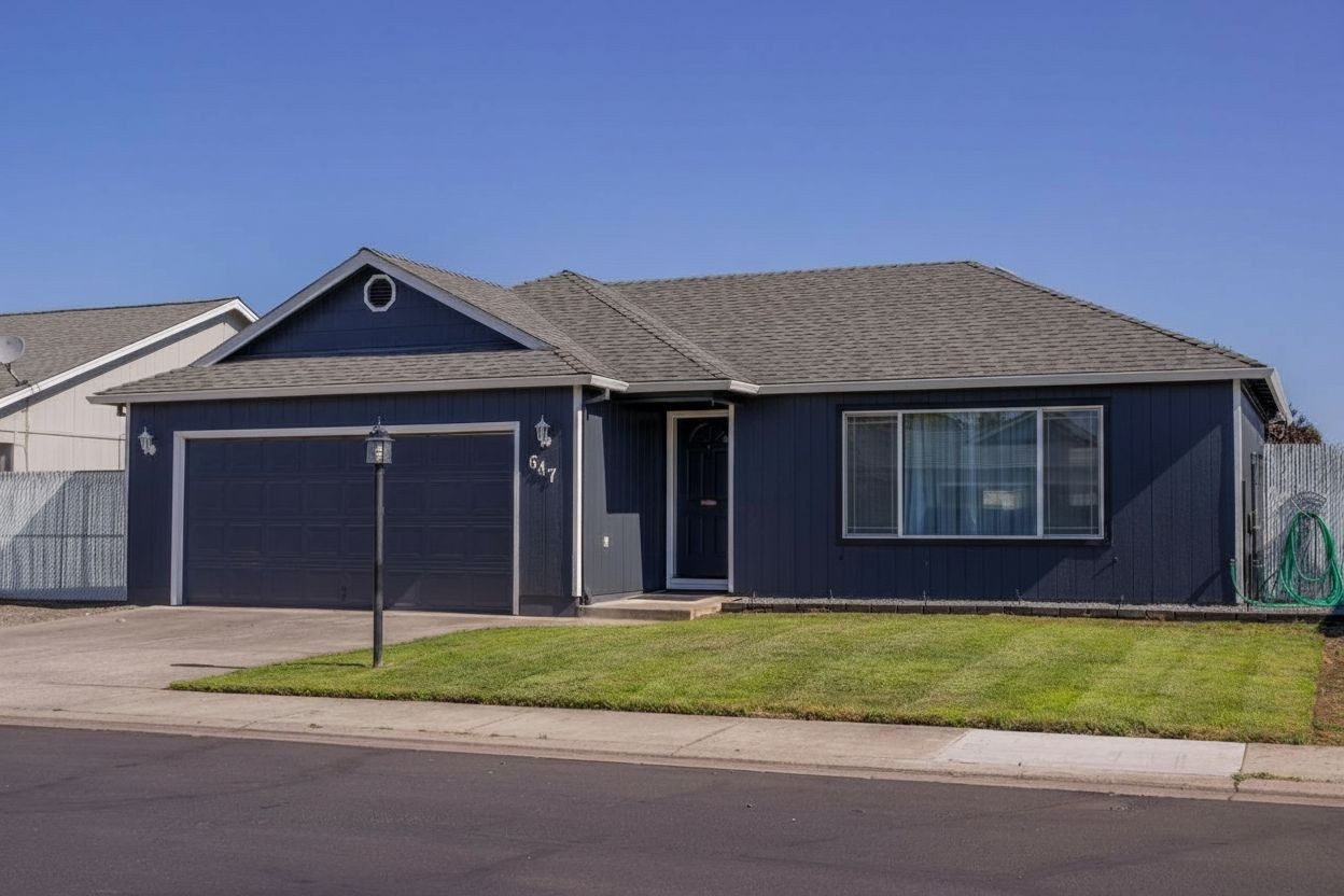 Black window frames ranch home before after